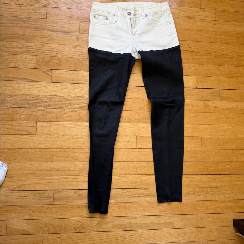R13 White Colorblock Skinny Jeans with Black leather  Lower Panel
